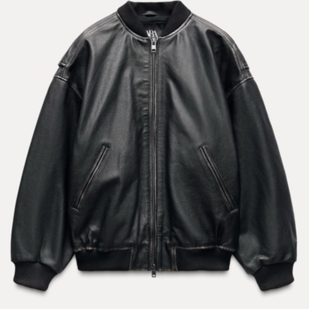 ZARA OVERSIZED LEATHER BOMBER JACKET DARK BROWN